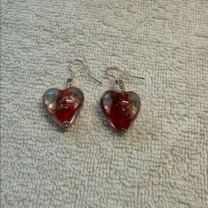 Heart-Shaped Red and Gold Glass Earrings